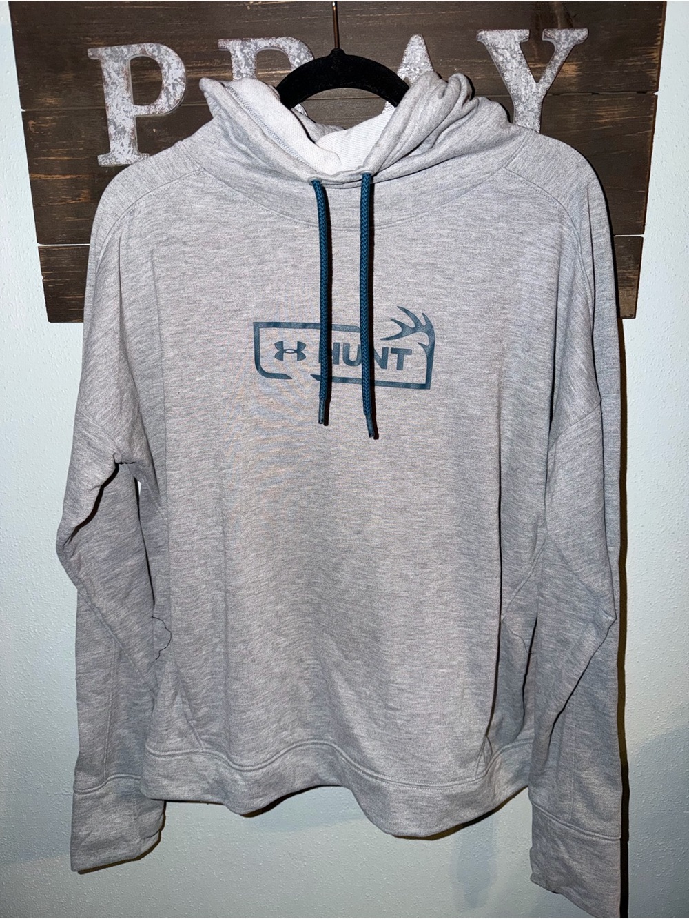 Under Armour Heather Gray Hunt Pullover Hoodie with Blue Drawcords